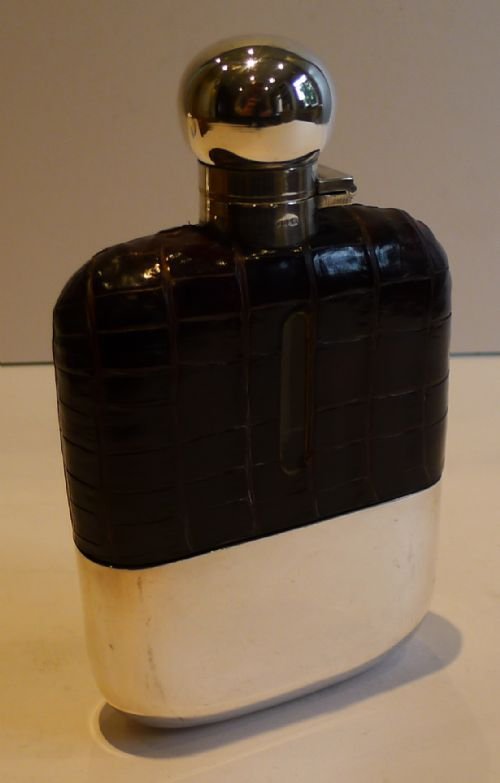 fig 1. Antique English Crocodile / Alligator Clad Hip Flask by James Dixon & Sons