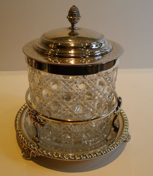 Antique Cut Crystal and Silver Plated Biscuit Barrel / Box by John Grinsell & Sons
