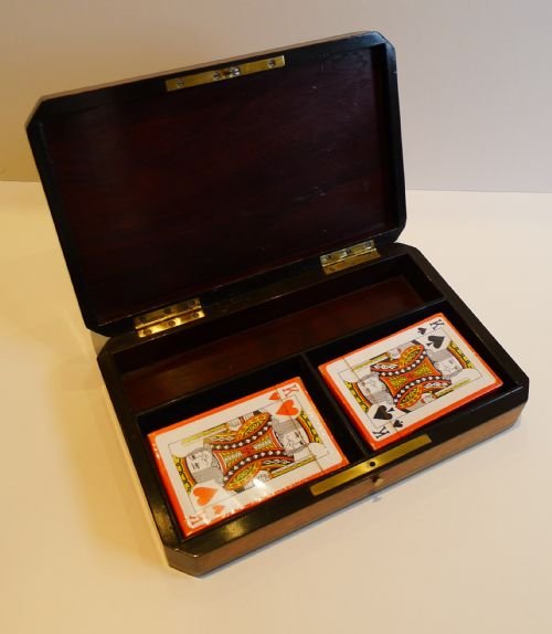fig 1. Antique French Amboyna, Ebony & Brass Games / Playing Card Box c.1880