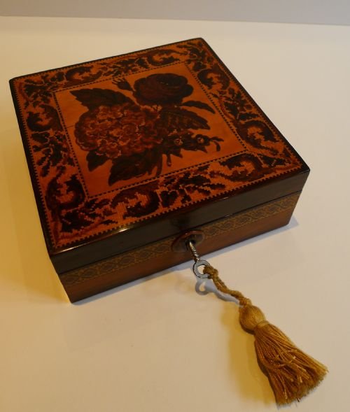 Unusual Antique English Tunbridgeware Handkerchief Box - Peony & Hydrangea C.1860