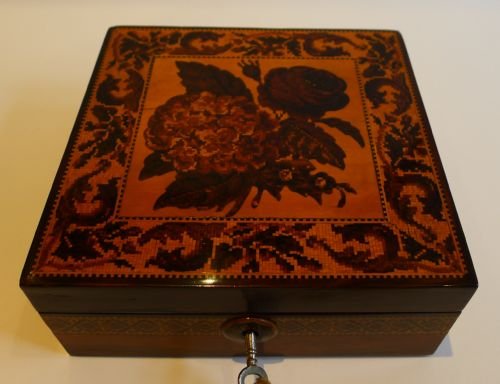 fig 1. Unusual Antique English Tunbridgeware Handkerchief Box - Peony & Hydrangea c.1860