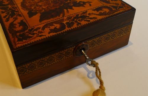 fig 2. Unusual Antique English Tunbridgeware Handkerchief Box - Peony & Hydrangea c.1860