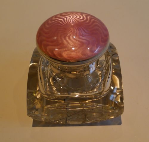 Antique Cut Crystal, Sterling Silver & Pink Guilloche Enamel Inkwell