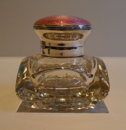 fig 1. Antique Cut Crystal, Sterling Silver & Pink Guilloche Enamel Inkwell