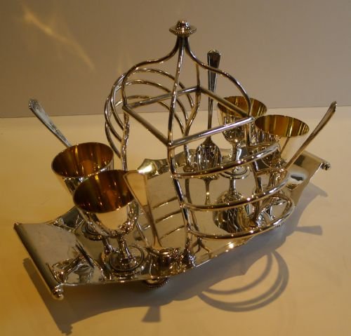 fig 1. Antique English Silver Plated Egg Cruet With Integral Toast Rack by Benetfink, London