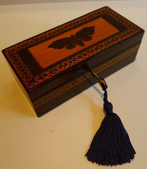 Antique English Tunbridge Ware Box - Inlaid Moth C.1850