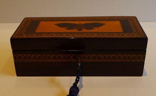 fig 1. Antique English Tunbridge Ware Box - Inlaid Moth c.1850