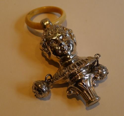 Antique English Figural Sterling Silver Baby's Rattle / Whistle - 1907