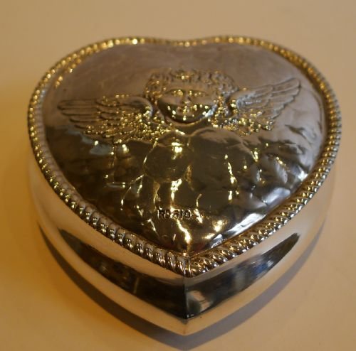 Large Antique English Sterling Silver Heart Shaped Box - Winged Cherub / Angel