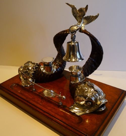 Magnificent Figural Ram's Horn & Silver Plate Desk Set / Inkstand - 1885