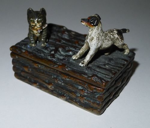 Antique Cold Painted Bronze Figural Postage Stamp Box - Dog & Cat C.1900