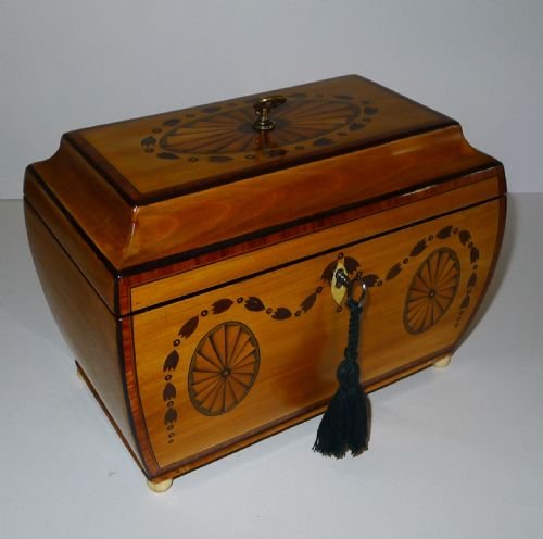 Fine George III Bombe Shaped Fruitwood Tea Caddy with Fan Paterae & Garland Inlay C.1810