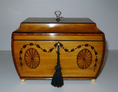 fig 1. Fine George III Bombe Shaped Fruitwood Tea Caddy With Fan Paterae & Garland Inlay c.1810