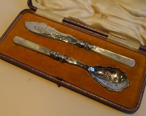 Antique English Silver Plate & Mother of Pearl Jam & Butter Set - Boxed