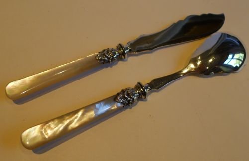 fig 1. Antique English Silver Plate & Mother of Pearl Jam & Butter Set - Boxed