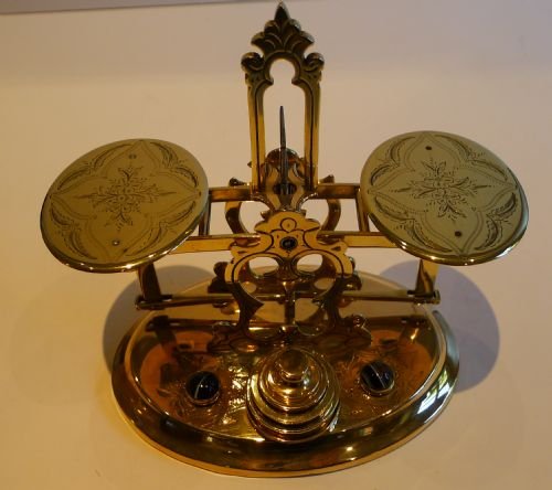 Victorian Engraved Brass & Cabochon Onyx Stone Postal / Letter Scale C.1870