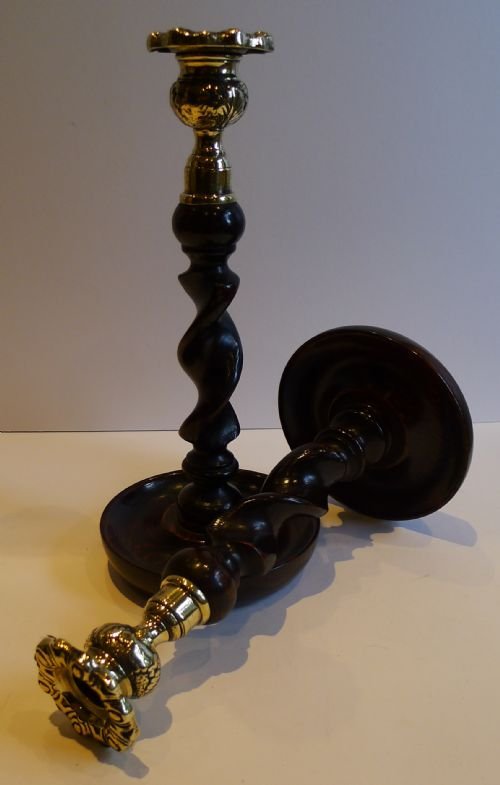 Handsome Pair Solid Oak Barley Twist Candlesticks - Brass Thistle Tops