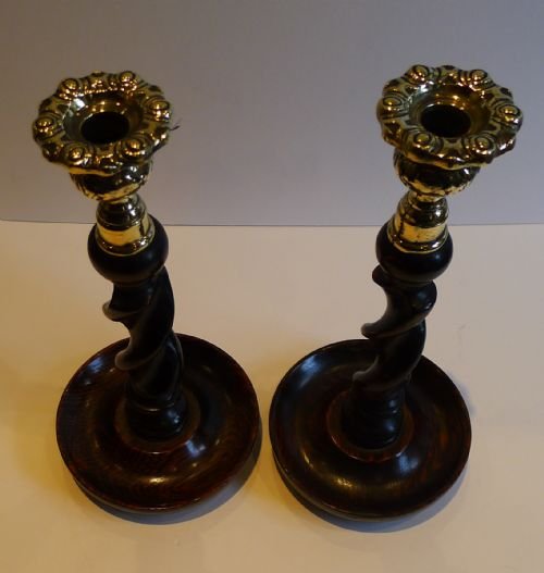 fig 1. Handsome Pair Solid Oak Barley Twist Candlesticks - Brass Thistle Tops