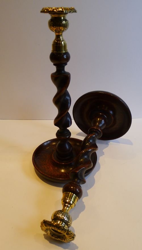Handsome Pair 12" Solid Oak Barley Twist Candlesticks - Brass Thistle Tops