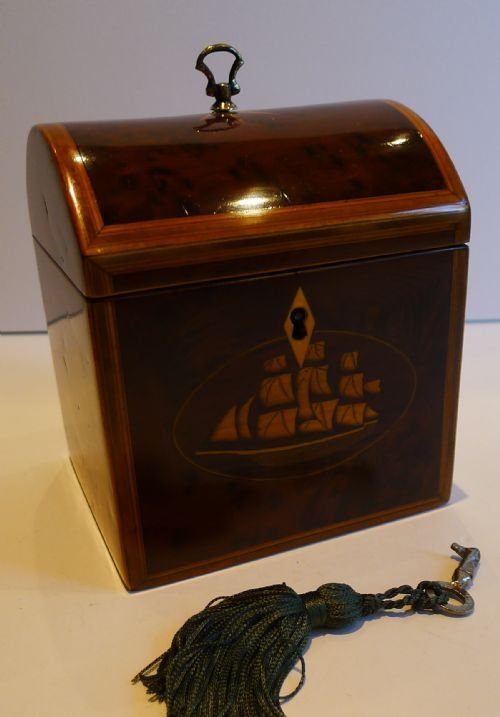 Rare English Georgian Domed Tea Caddy - Nautical - Clipper Ship & Compass Star C.1800