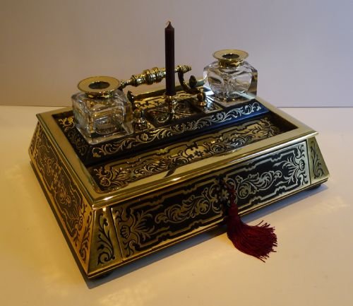 Grand English Regency Ebony & Brass Foliate Inlaid Inkstand / Partner's Desk Set C.1820
