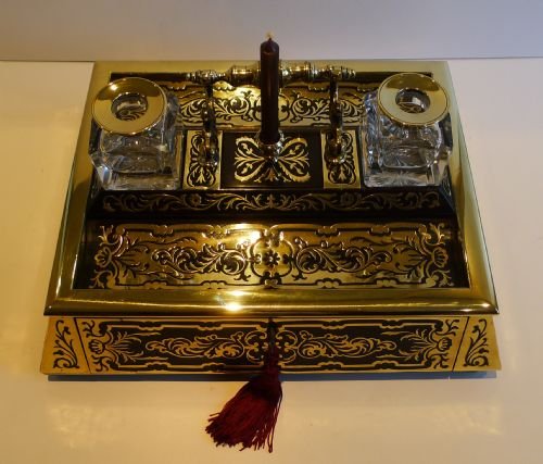fig 1. Grand English Regency Ebony & Brass Foliate Inlaid Inkstand / Partner's Desk Set c.1820