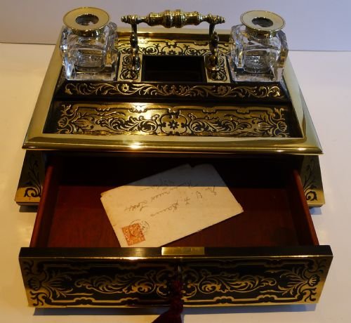 fig 2. Grand English Regency Ebony & Brass Foliate Inlaid Inkstand / Partner's Desk Set c.1820