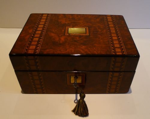 Antique Burr Walnut Jewelry or Table Box - Tunbridge Inlaid C.1850