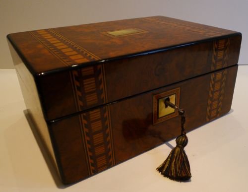 fig 1. Antique Burr Walnut Jewelry or Table Box - Tunbridge Inlaid c.1850