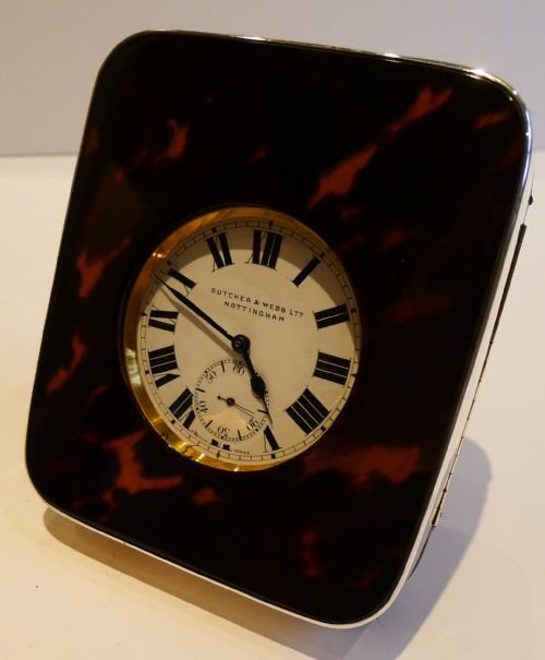 Handsome Sterling Silver & Tortoise Shell Travel Clock / Pocket Watch Case - 1913