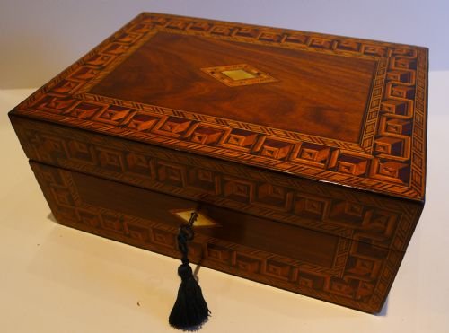 Antique English Walnut Writing Slope / Lap Desk - Stunning Greek Key Inlay C.1860