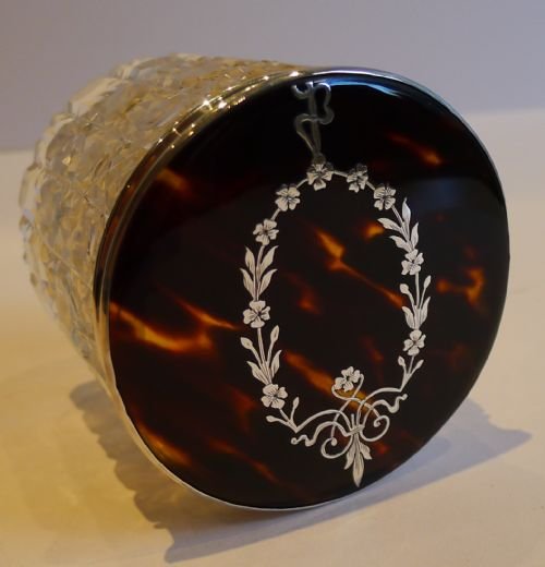 Antique Cut Crystal Vanity Jar - Tortoiseshell & Sterling Silver Lid - Pique Inlay