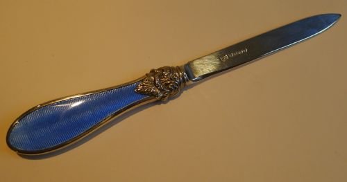 Antique English Sterling Silver & Blue Guilloche Enamel Letter Opener