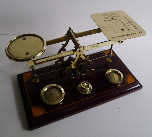 Handsome Inlaid Mahogany & Brass Postage / Letter Scale by F. Quiney, London C.1910