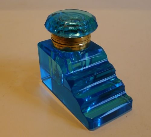 Antique English Peacock Blue Inkwell with Pen Rests C.1890