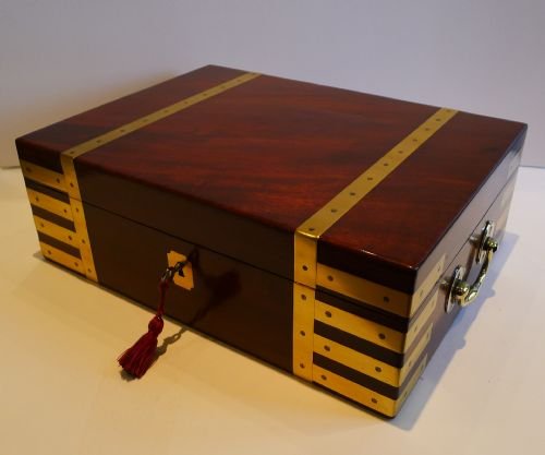 Top Notch English Brass Bound Mahogany Document Box with Deck Lock C.1820