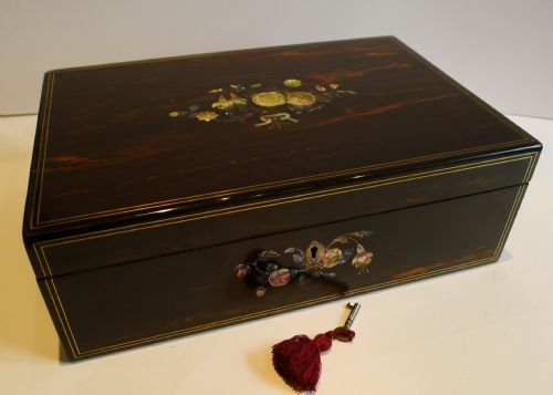 Antique English Coromandel Writing Slope - Mother of Pearl & Abalone Floral Inlay C.1850