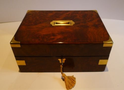 Antique Brass Bound Campaign Style Burr Walnut Jewellery or Table Box C.1850