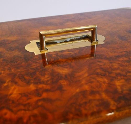 fig 1. Antique Brass Bound Campaign Style Burr Walnut Jewellery or Table Box c.1850