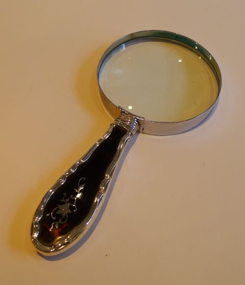English Tortoise Shell & Sterling Silver Handled Magnifying Glass - Pique Inlay