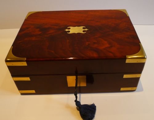Antique Brass Bound Campaign Style Mahogany Jewellery or Table Box C.1840