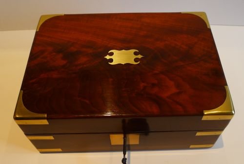 fig 1. Antique Brass Bound Campaign Style Mahogany Jewellery or Table Box c.1840
