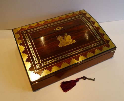 English Regency Kingwood Lap Desk - Intricate Cut Brass Inlay C.1820