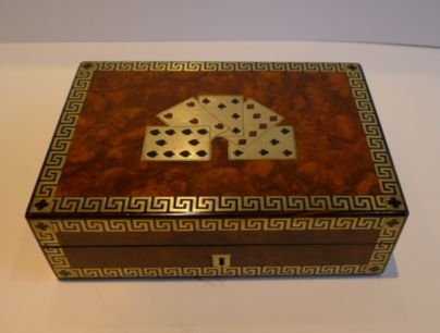 Stunning Antique English Brass Inlaid Burr Walnut Games / Playing Card Box C.1860