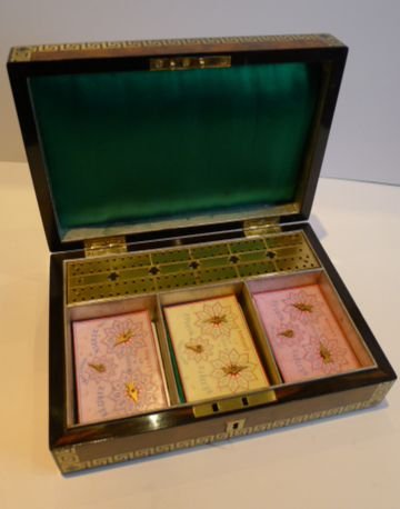 fig 1. Stunning Antique English Brass Inlaid Burr Walnut Games / Playing Card Box c.1860