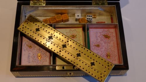 fig 2. Stunning Antique English Brass Inlaid Burr Walnut Games / Playing Card Box c.1860
