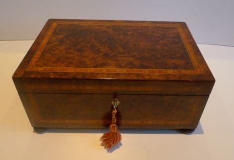 Quality Antique English Burr Walnut & Tulipwood Jewelry or Table Box C.1840
