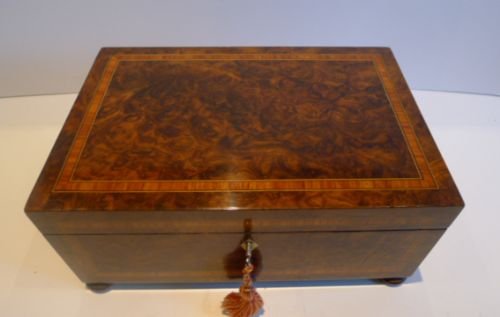 fig 2. Quality Antique English Burr Walnut & Tulipwood Jewelry or Table Box c.1840