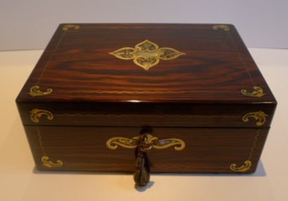 Antique English Rosewood Jewelry or Table Box - Brass & Abalone Shell Inlaid C.1850