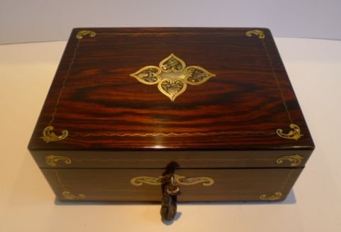 fig 1. Antique English Rosewood Jewelry or Table Box - Brass & Abalone Shell Inlaid c.1850